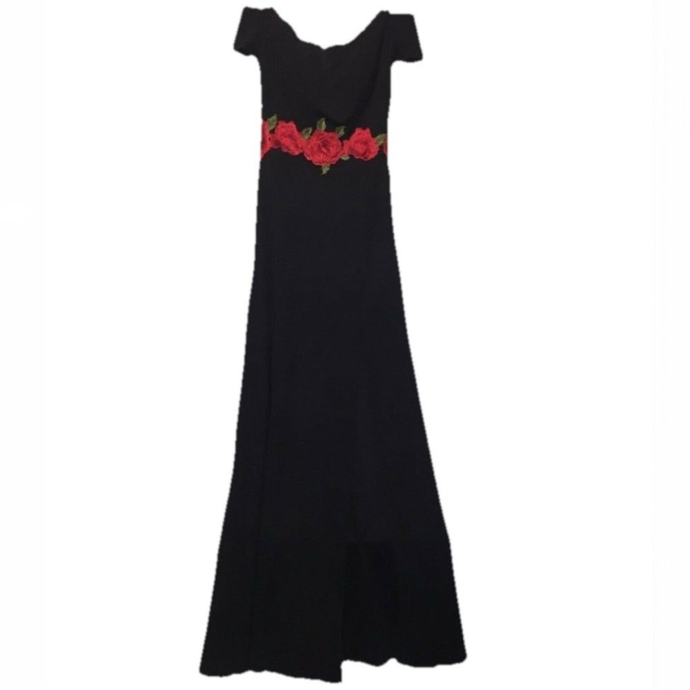 Vintage Y2K Goth B. Darlin Black Off-Shoulder Romper Sheer Maxi Overlay & Rose